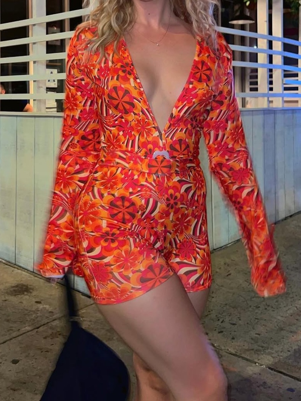 Adika Stretchy Bold 60s Disco Groovy Romper with Bell Sleeves 🪩🕺❤️🧡